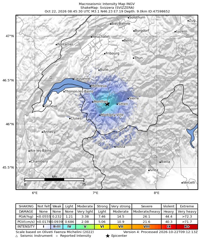 Italy Map Colored In Earthquake Svizzera (SVIZZERA), Magnitude ML 3.1, 22 October 2026 time ...