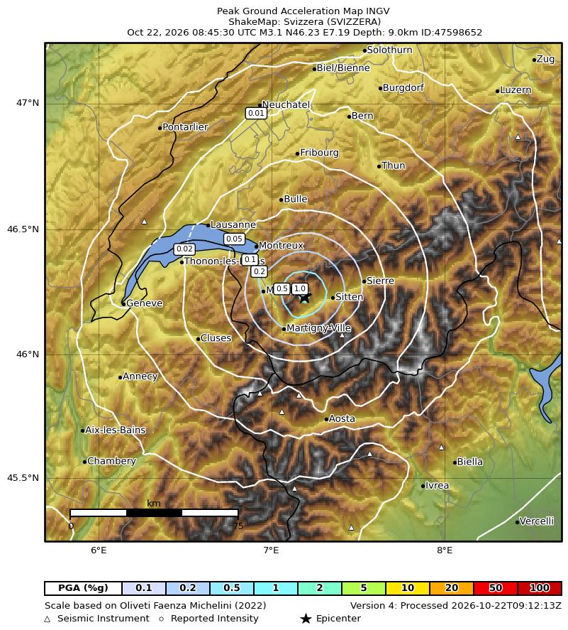 Italy Map Colored In Earthquake Svizzera (SVIZZERA), Magnitude ML 3.1, 22 October 2026 time ...