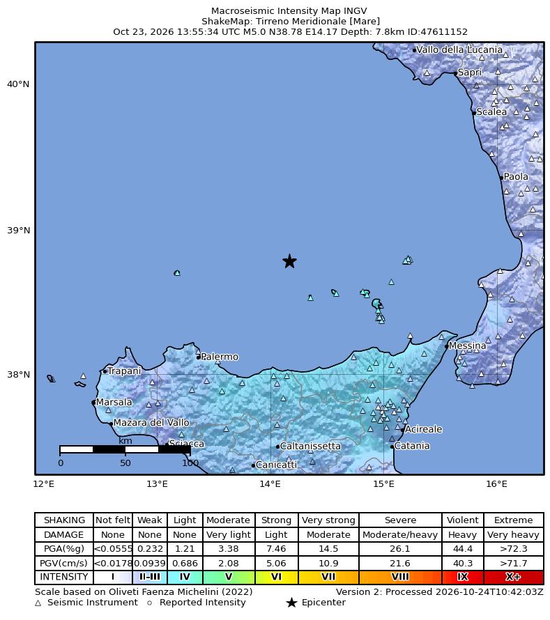 Terremoto Tirreno Meridionale [Mare], Magnitudo Mw 5.0, 23 ottobre 2026 ...